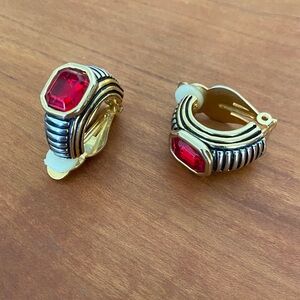 Vintage 80s Gold and Silver Toned with Red Faux Ruby Hoop Clip Earrings